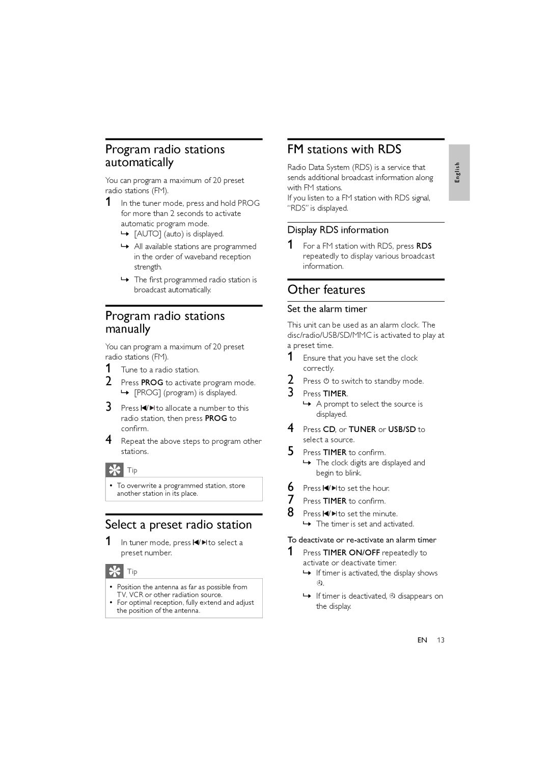 Philips MCM330 user manual Program radio stations manually, FM stations with RDS, Other features 