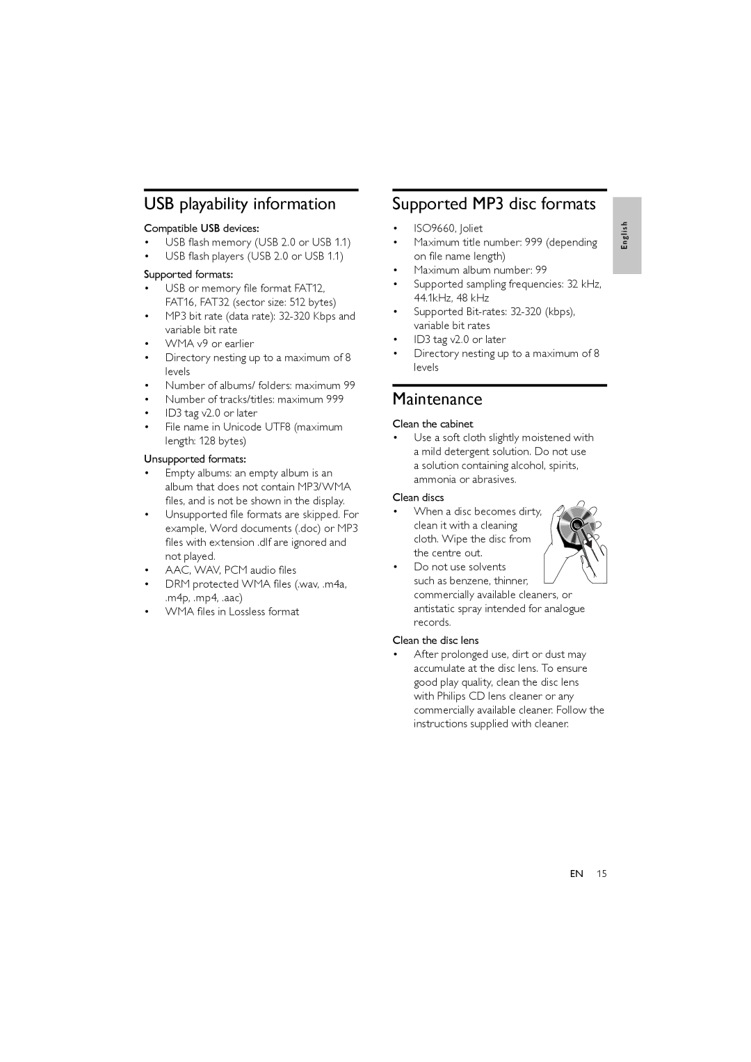 Philips MCM330 user manual USB playability information, Maintenance, Clean the cabinet 