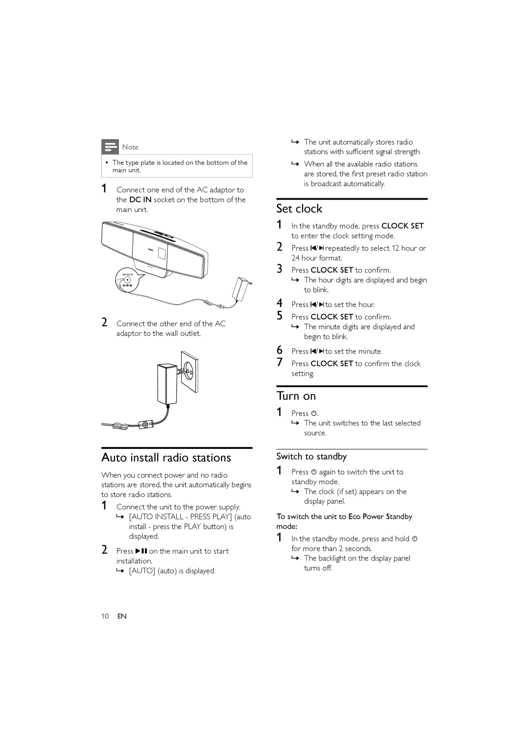 Philips MCM330 user manual Auto install radio stations, Set clock, Turn on, Switch to standby 