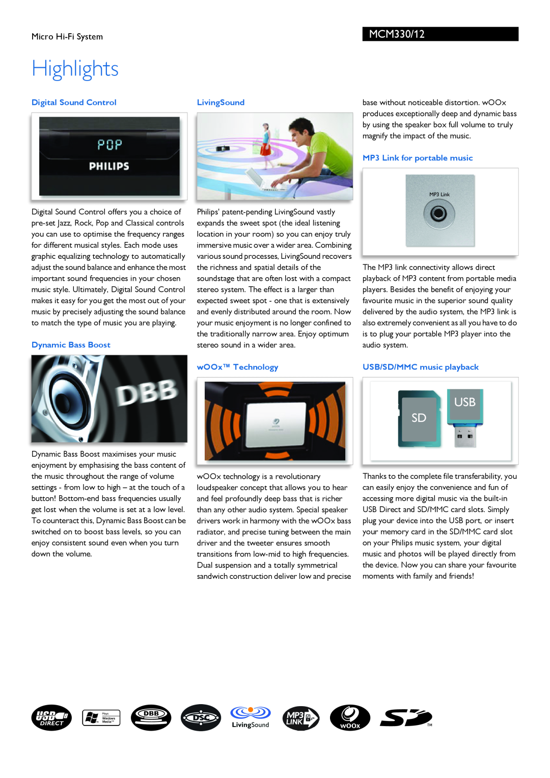 Philips MCM330/12 manual Highlights, Micro Hi-FiSystem, Digital Sound Control, LivingSound, magnify the impact of the music 