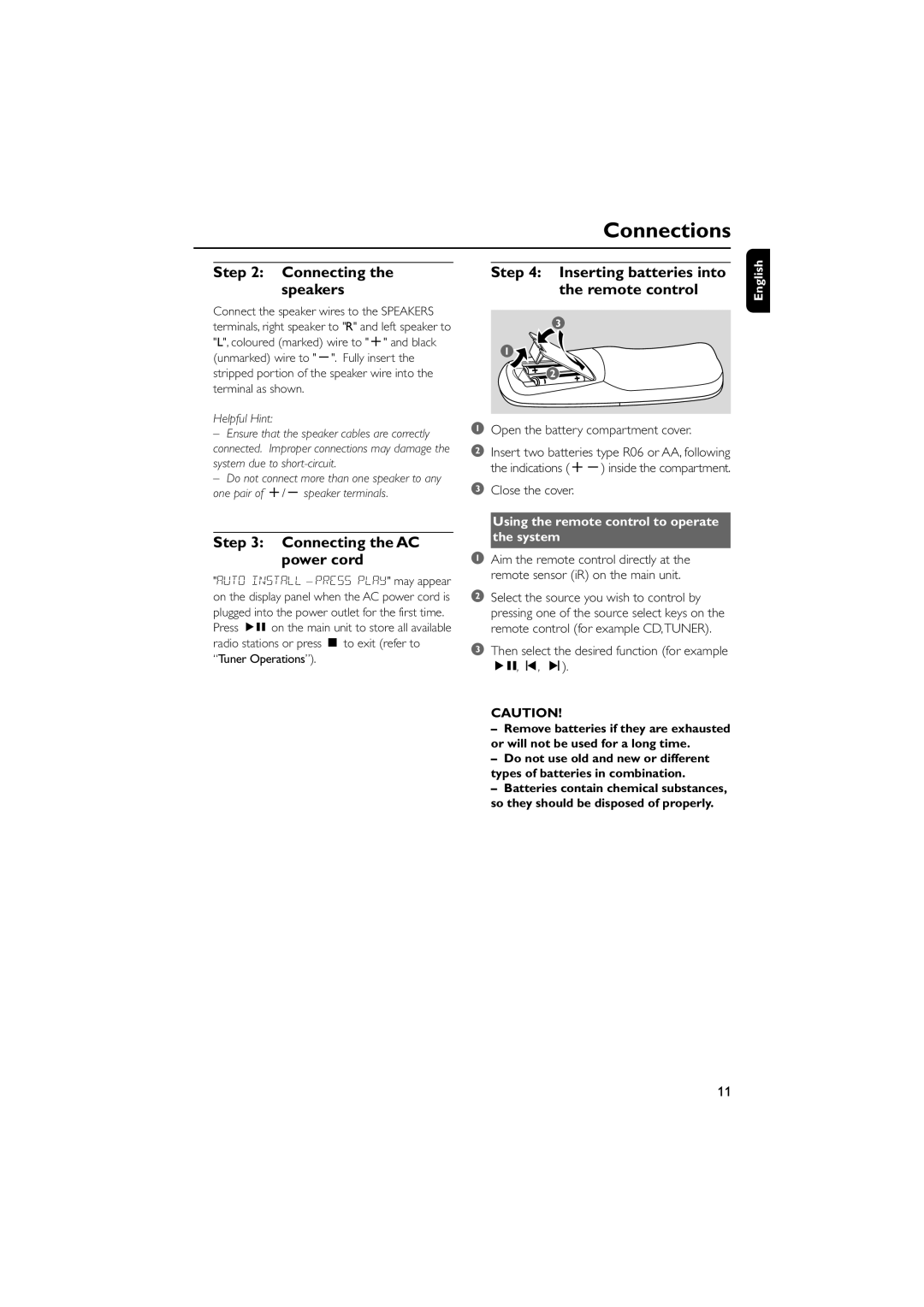 Philips MCM5 user manual Connecting the speakers, Connecting the AC power cord, Inserting batteries into the remote control 