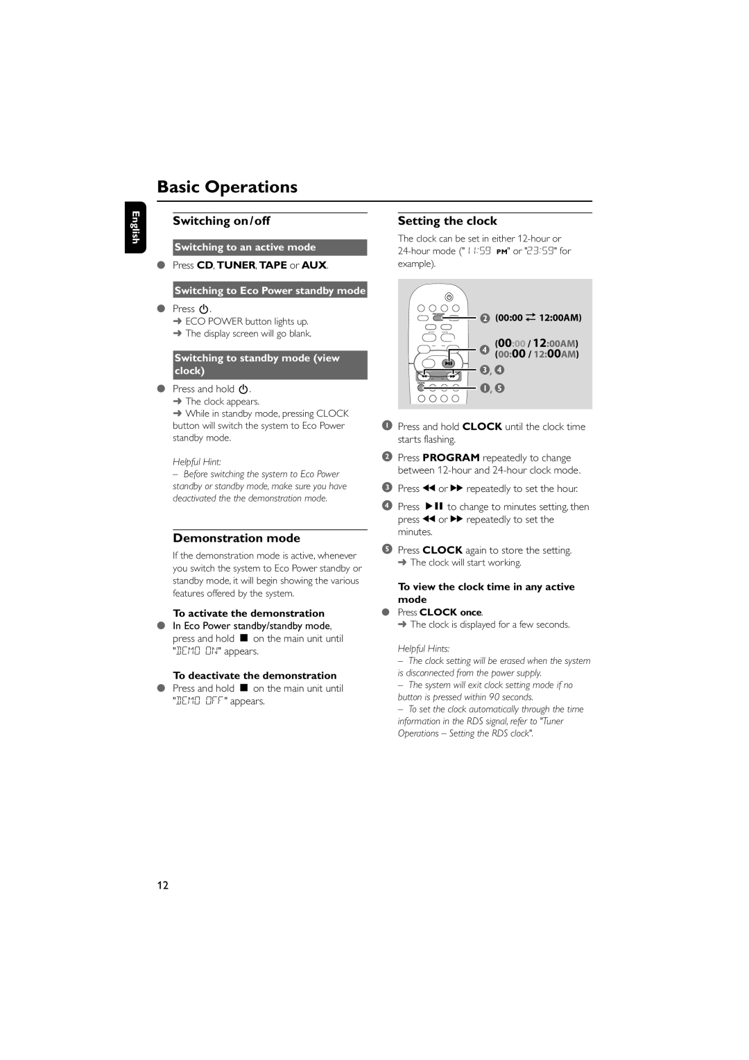 Philips MCM5 user manual Basic Operations, Switching on/off, Demonstration mode, Setting the clock 