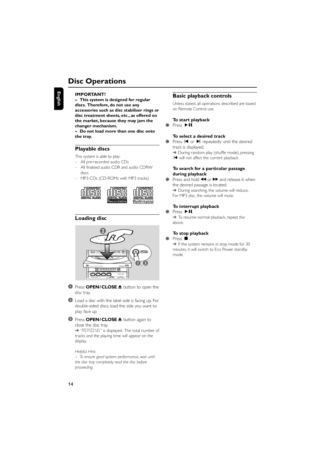 Philips MCM5 user manual Disc Operations, Playable discs, Loading disc, Basic playback controls 