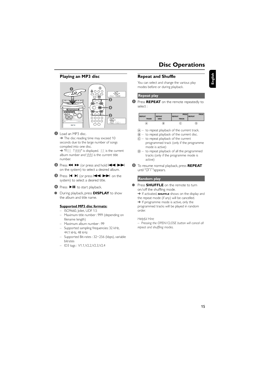 Philips MCM5 user manual Playing an MP3 disc Repeat and Shuffle, Repeat play, Supported MP3 disc formats, Random play 