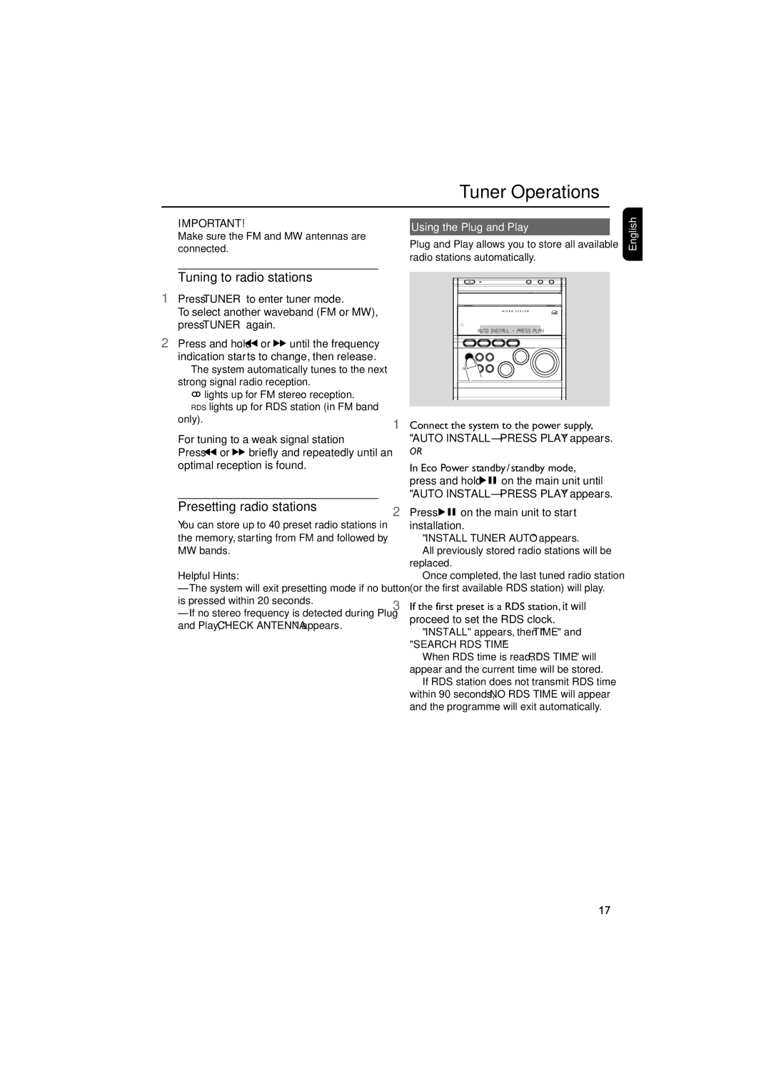 Philips MCM5 user manual Tuner Operations, Tuning to radio stations, Presetting radio stations, Using the Plug and Play 