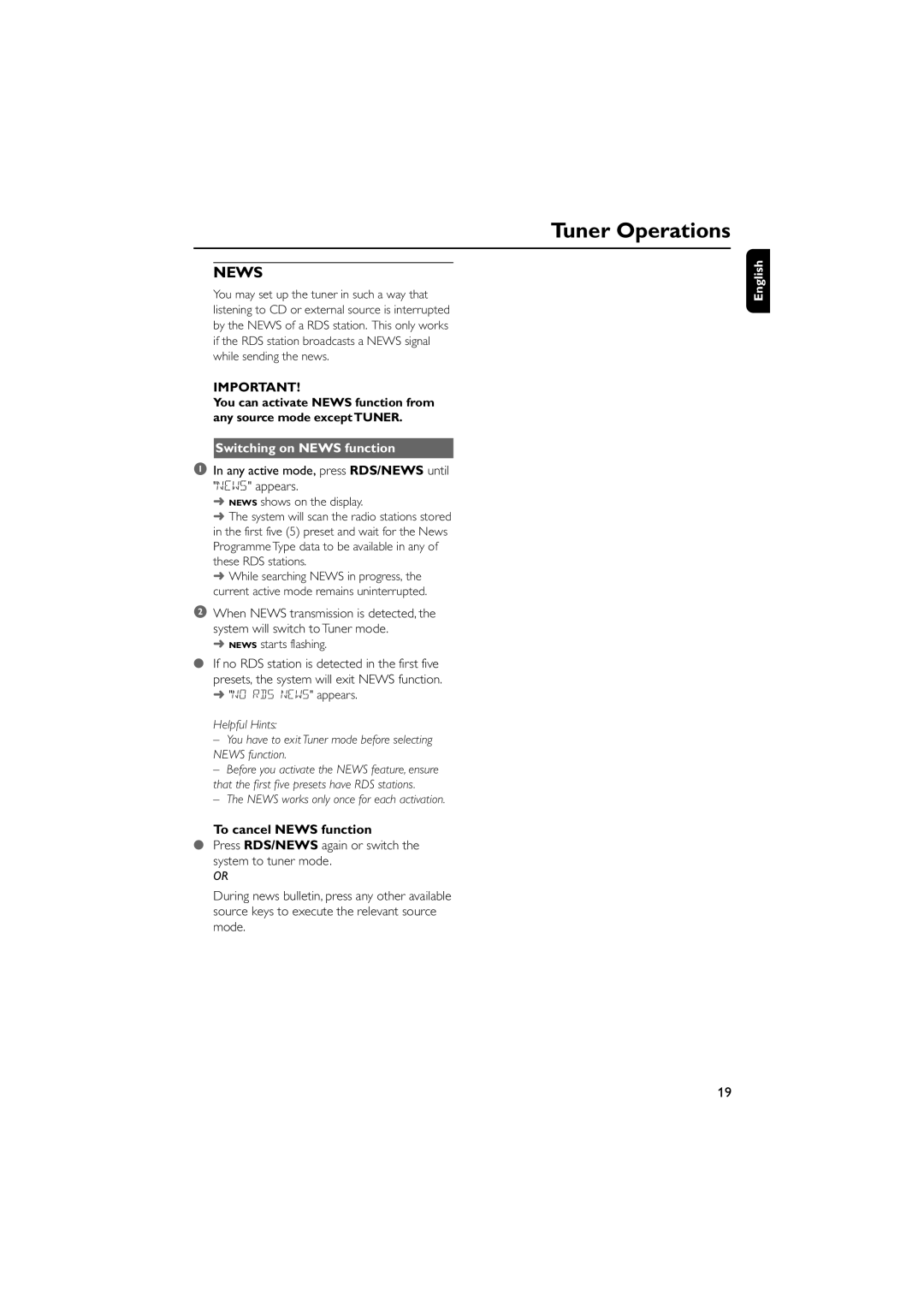 Philips MCM5 user manual Switching on News function, No RDS News appears, To cancel News function 