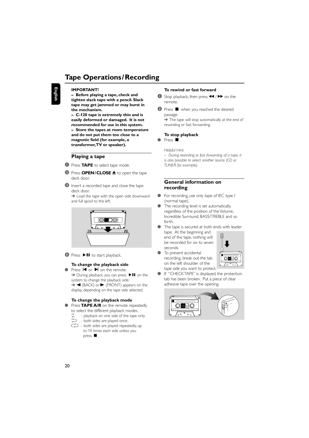 Philips MCM5 user manual Tape Operations/Recording, Playing a tape, General information on recording 