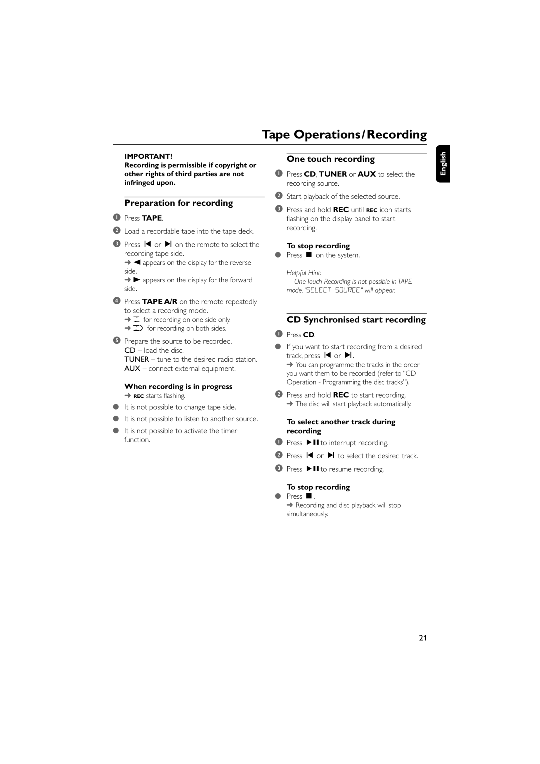 Philips MCM5 user manual Preparation for recording, One touch recording, CD Synchronised start recording 