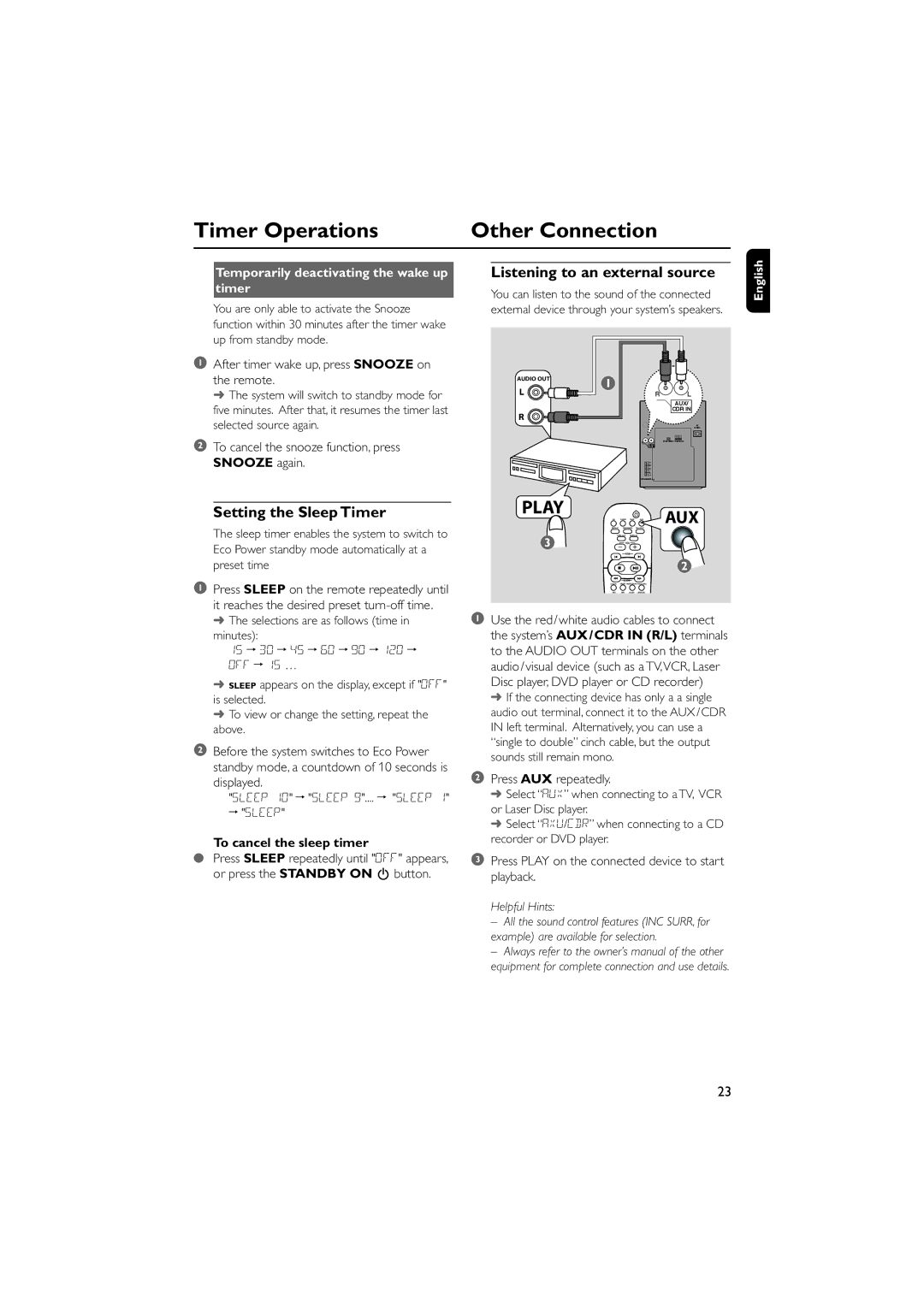 Philips MCM5 user manual Timer Operations Other Connection, Setting the Sleep Timer, Listening to an external source 