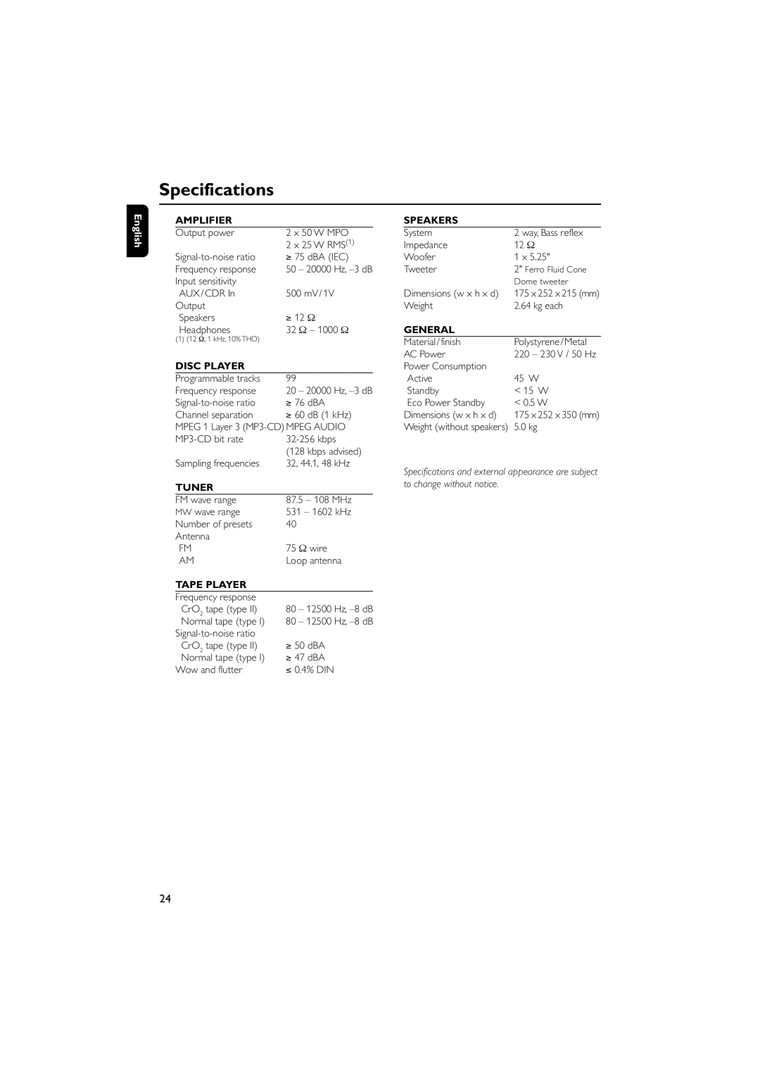 Philips MCM5 user manual Specifications 