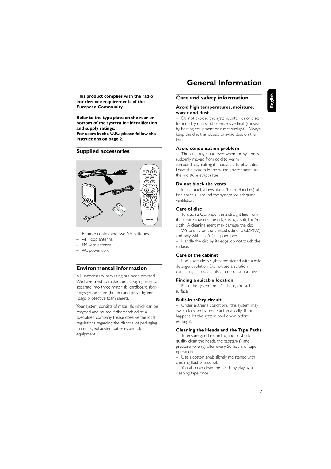 Philips MCM5 user manual General Information, Care and safety information, Supplied accessories, Environmental information 