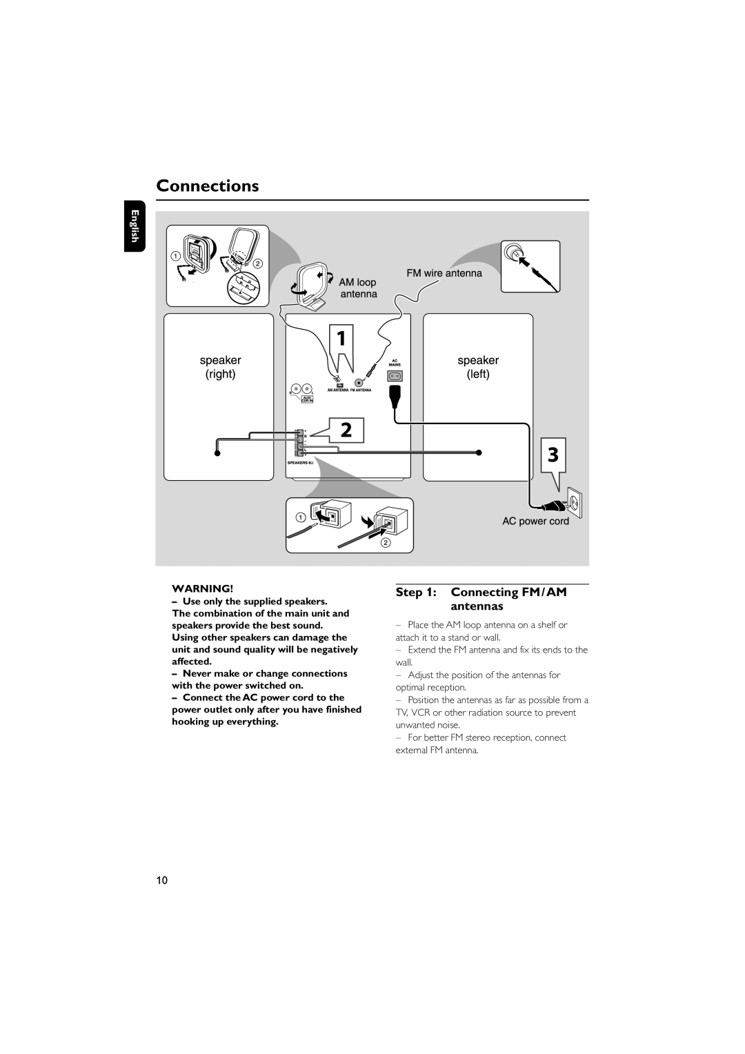 Philips MCM5 user manual Connections, Connecting FM/AM antennas, English 