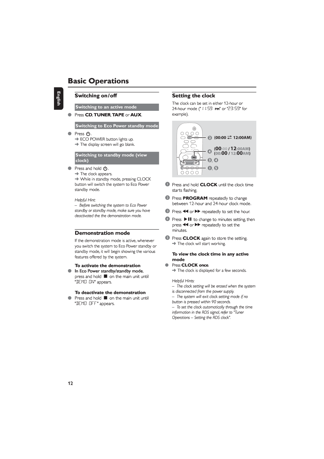Philips MCM5 user manual Basic Operations, Switching on/off, Demonstration mode, Setting the clock, English, Helpful Hint 