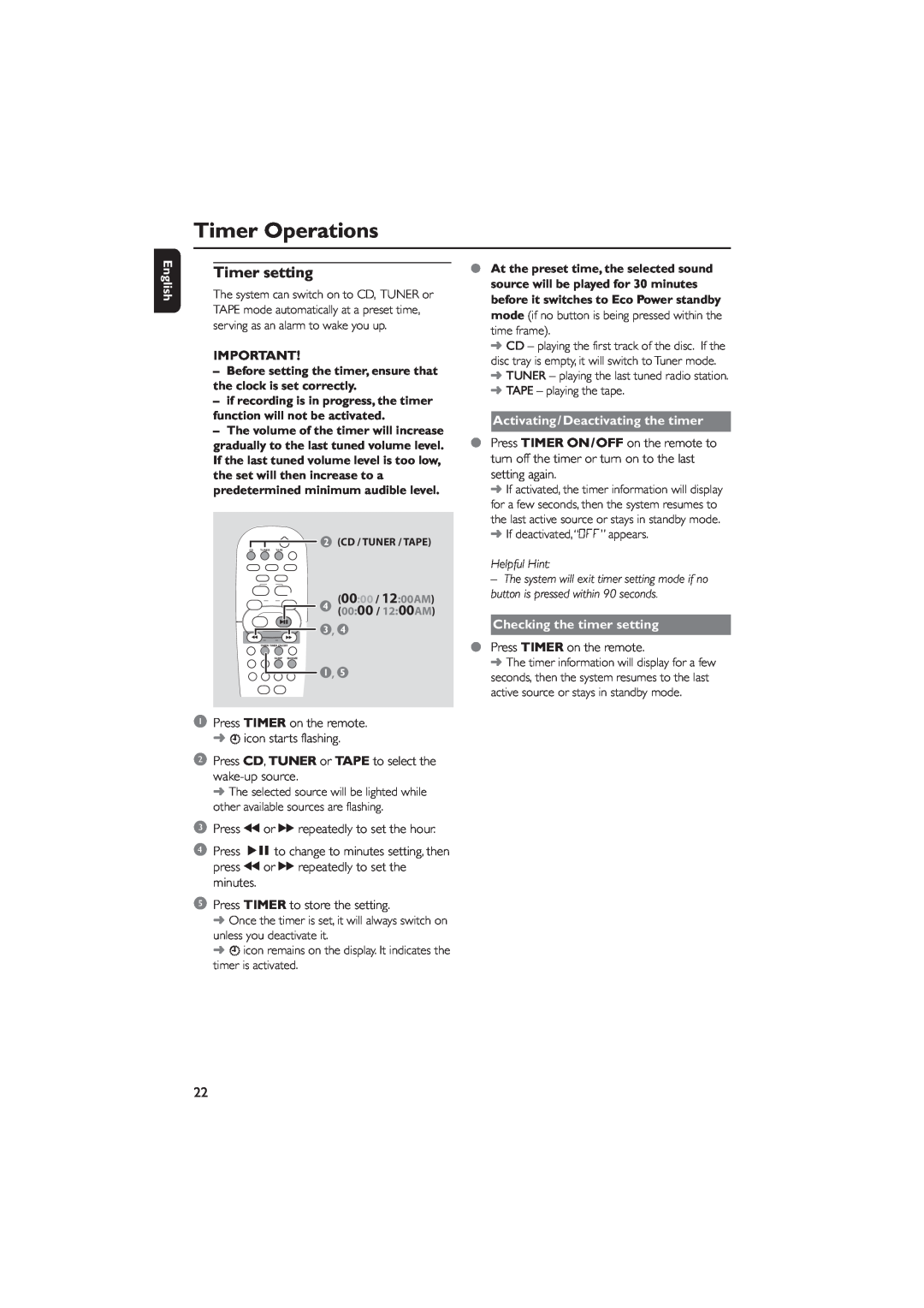 Philips MCM5 user manual Timer Operations, Timer setting, English, Activating/Deactivating the timer, Helpful Hint 