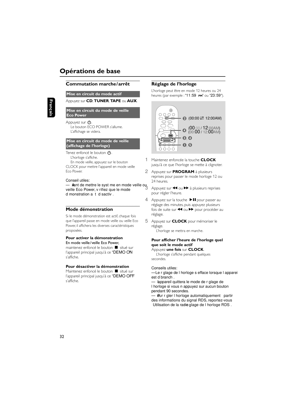 Philips MCM7, MCM8 manual Opérations de base, Commutation marche/arrêt, Mode démonstration, Réglage de l’horloge 