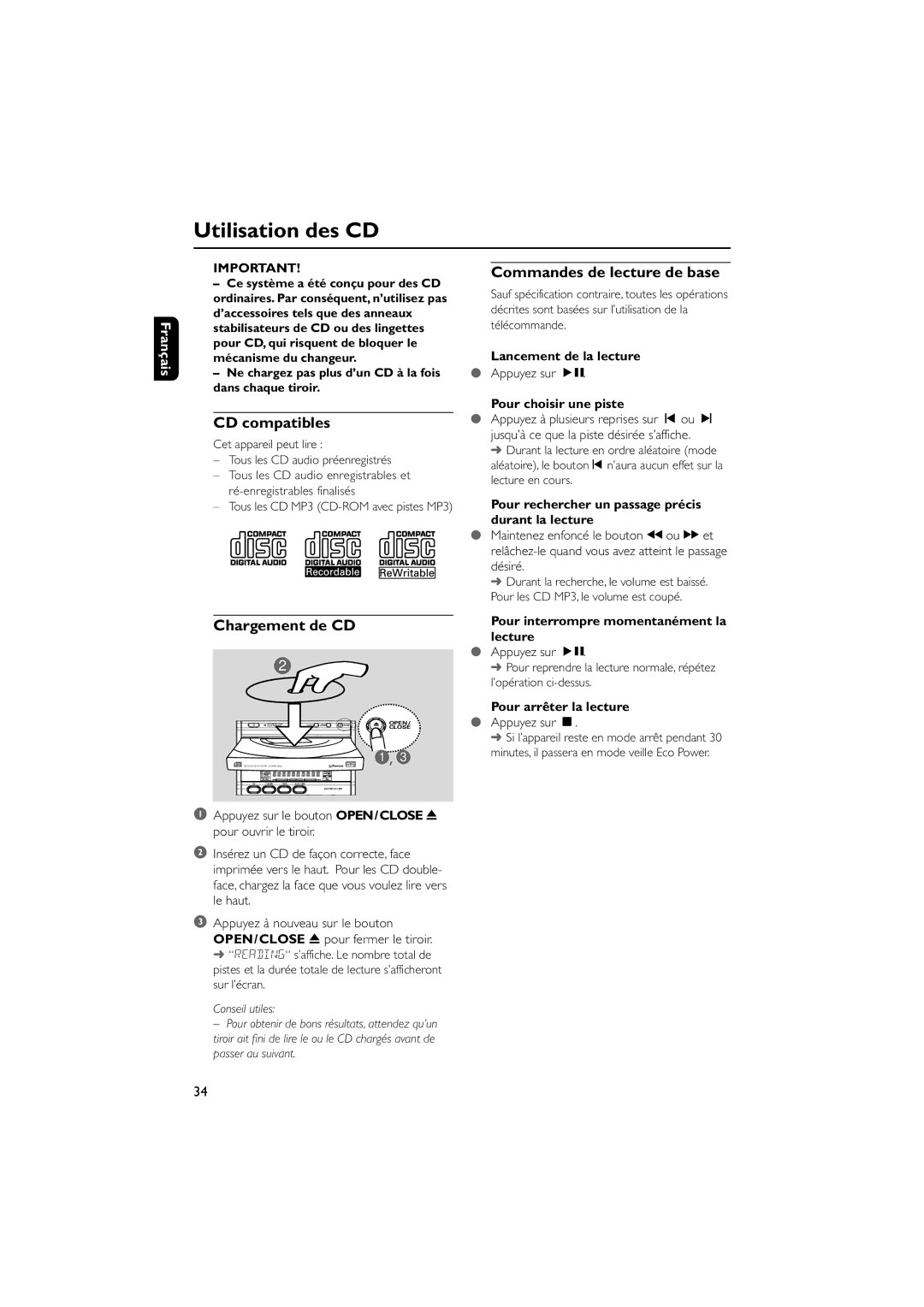 Philips MCM7, MCM8 manual Utilisation des CD, Commandes de lecture de base, CD compatibles, Chargement de CD 