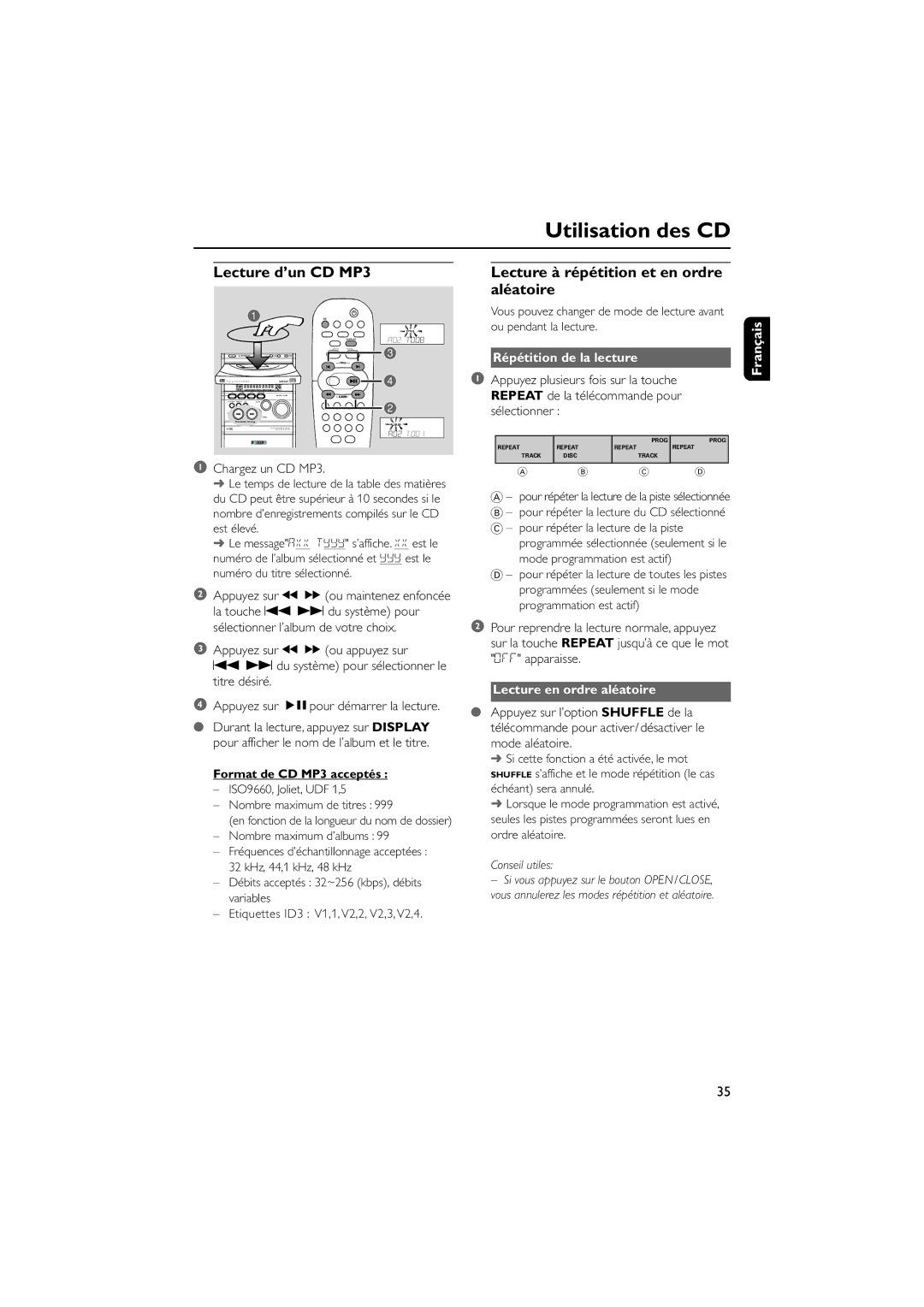 Philips MCM8, MCM7 manual Répétition de la lecture, Format de CD MP3 acceptés, Lecture en ordre aléatoire 