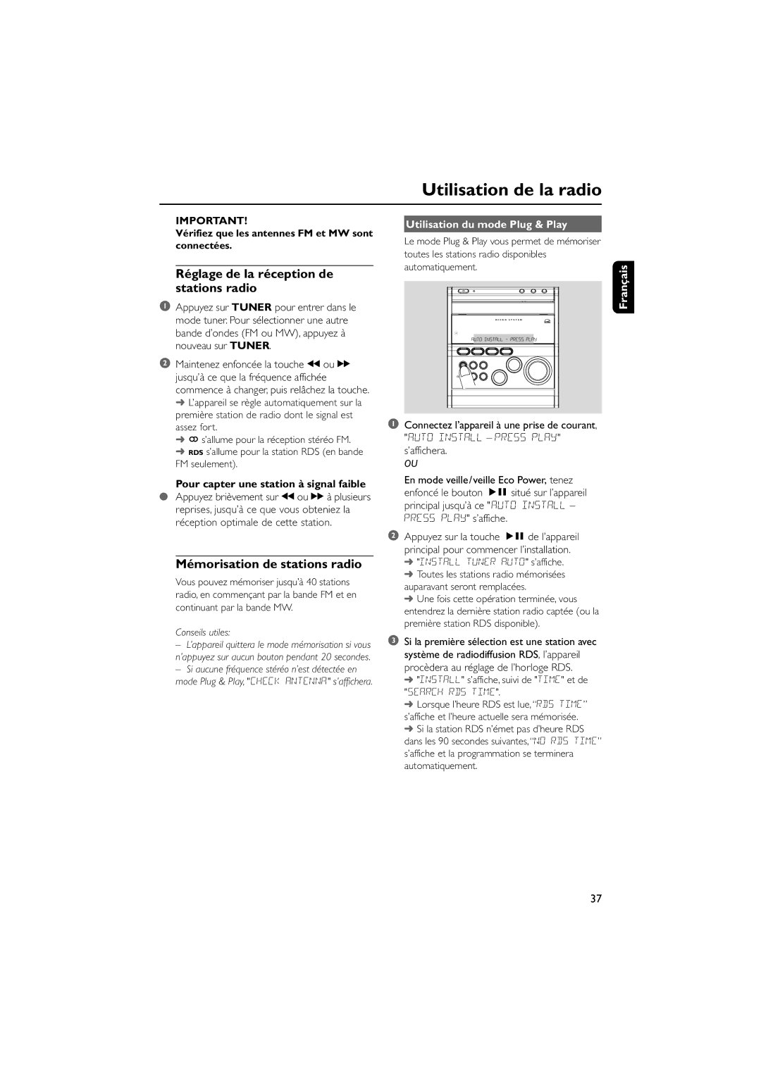 Philips MCM8, MCM7 manual Utilisation de la radio, Réglage de la réception de stations radio, Mémorisation de stations radio 