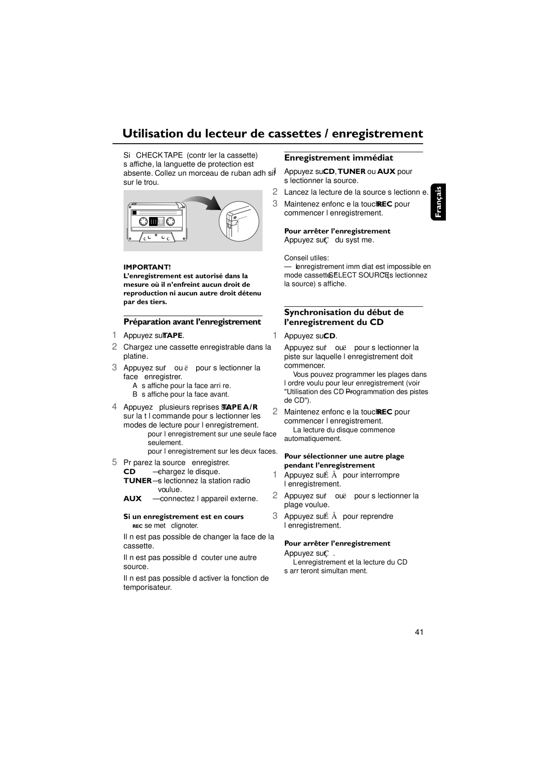 Philips MCM8 Enregistrement immédiat, Synchronisation du début de l’enregistrement du CD, Pour arrêter l’enregistrement 