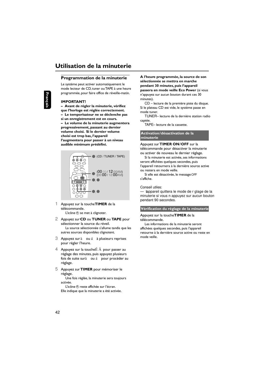 Philips MCM7, MCM8 Utilisation de la minuterie, Programmation de la minuterie, Activation/désactivation de la minuterie 