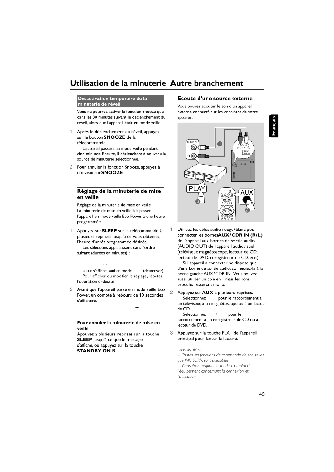 Philips MCM8, MCM7 manual Utilisation de la minuterie Autre branchement, Réglage de la minuterie de mise en veille 