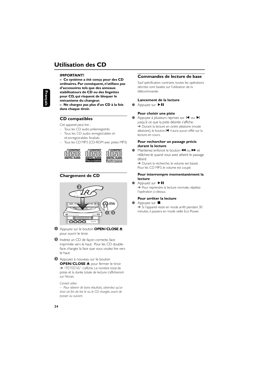 Philips MCM7 Utilisation des CD, Commandes de lecture de base, CD compatibles, Chargement de CD, Français, Conseil utiles 