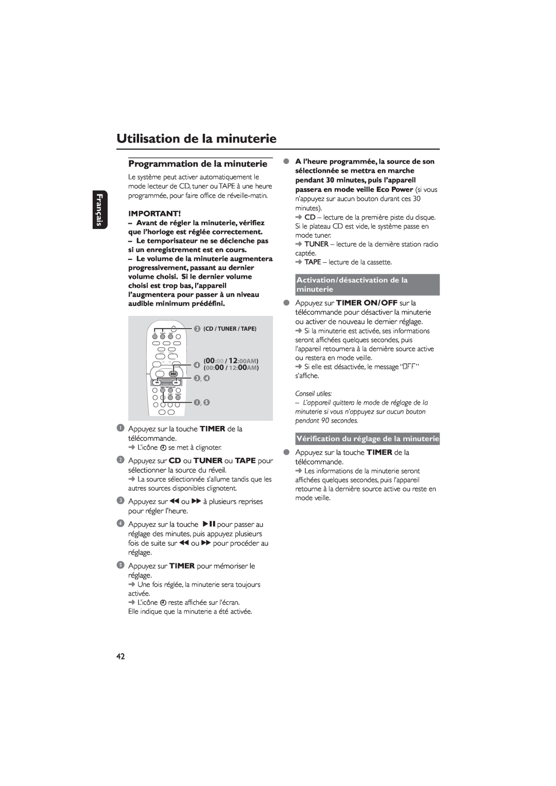 Philips MCM7, MCM8 manual Utilisation de la minuterie, Programmation de la minuterie, Français, Conseil utiles 