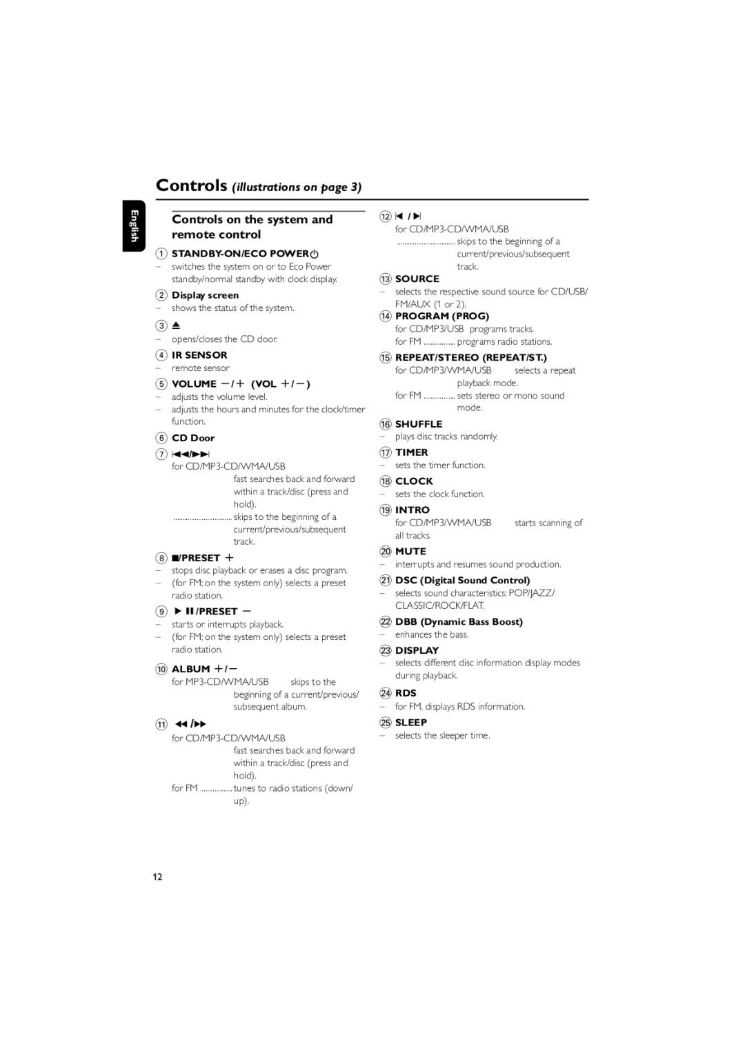 Philips MCM700 user manual Controls on the system and remote control 