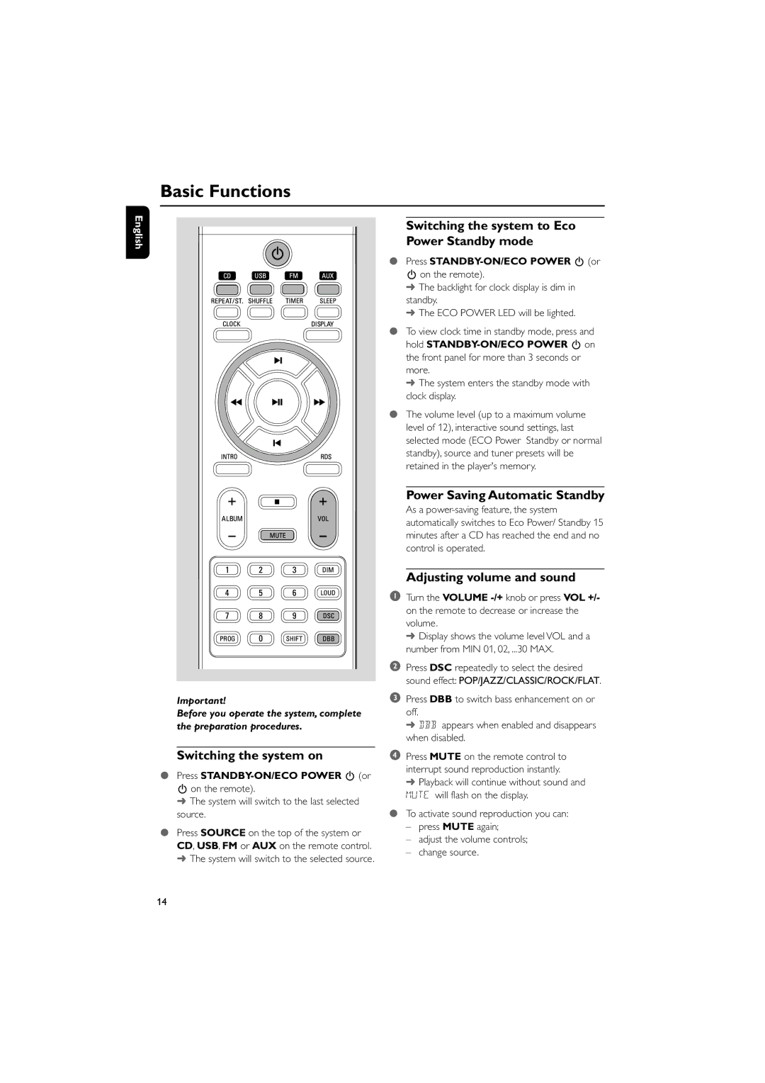 Philips MCM700 user manual Basic Functions, Switching the system on, Switching the system to Eco Power Standby mode 