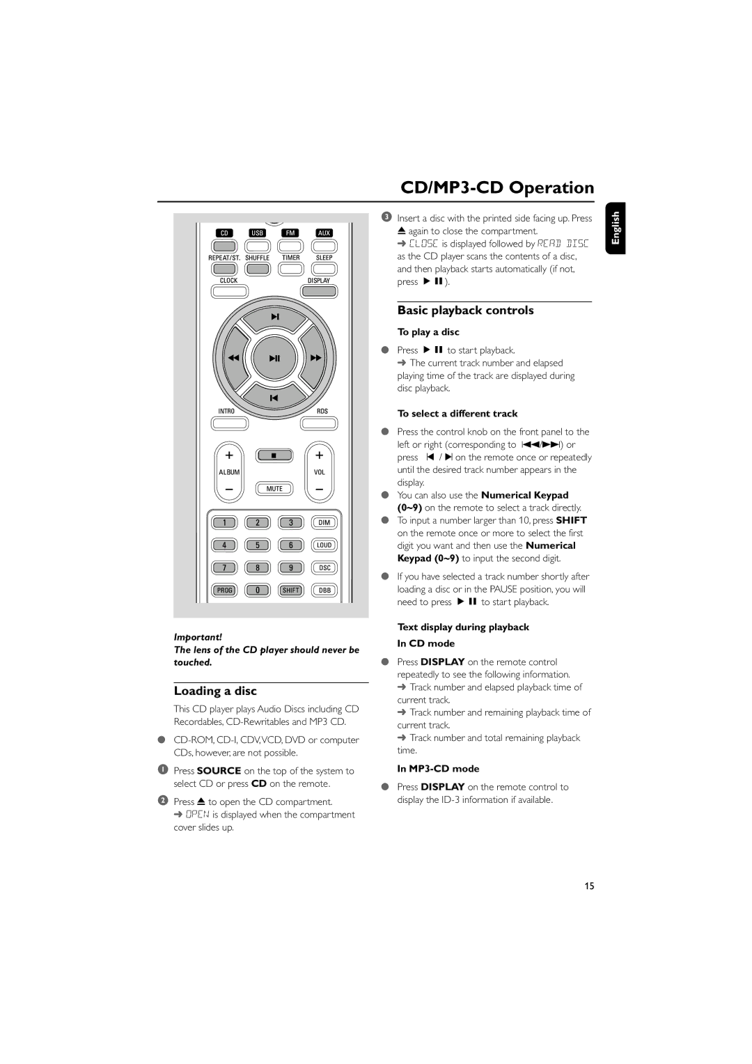 Philips MCM700 user manual CD/MP3-CD Operation, Loading a disc, Basic playback controls 