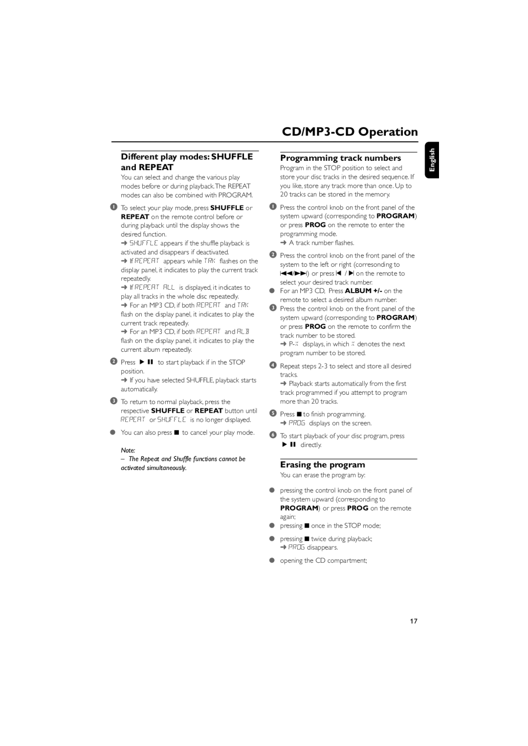 Philips MCM700 user manual Different play modes Shuffle and Repeat, Programming track numbers, Erasing the program 