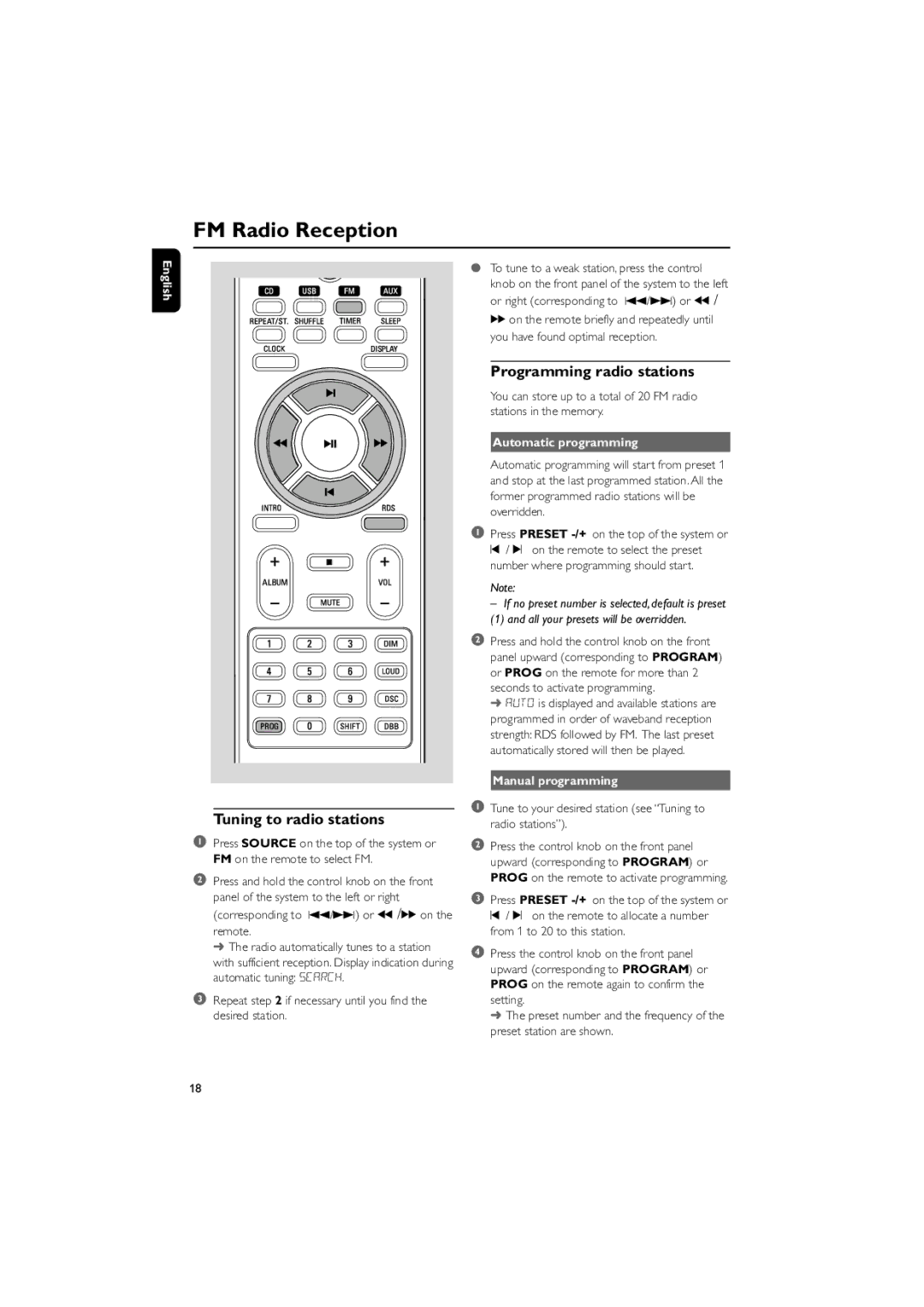 Philips MCM700 user manual FM Radio Reception, Tuning to radio stations, Programming radio stations 