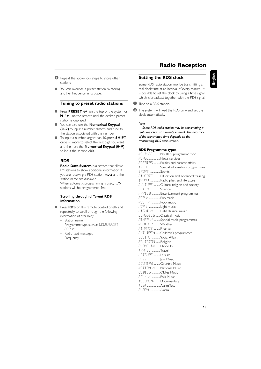 Philips MCM700 user manual Radio Reception, Tuning to preset radio stations, Setting the RDS clock, RDS Programme types 