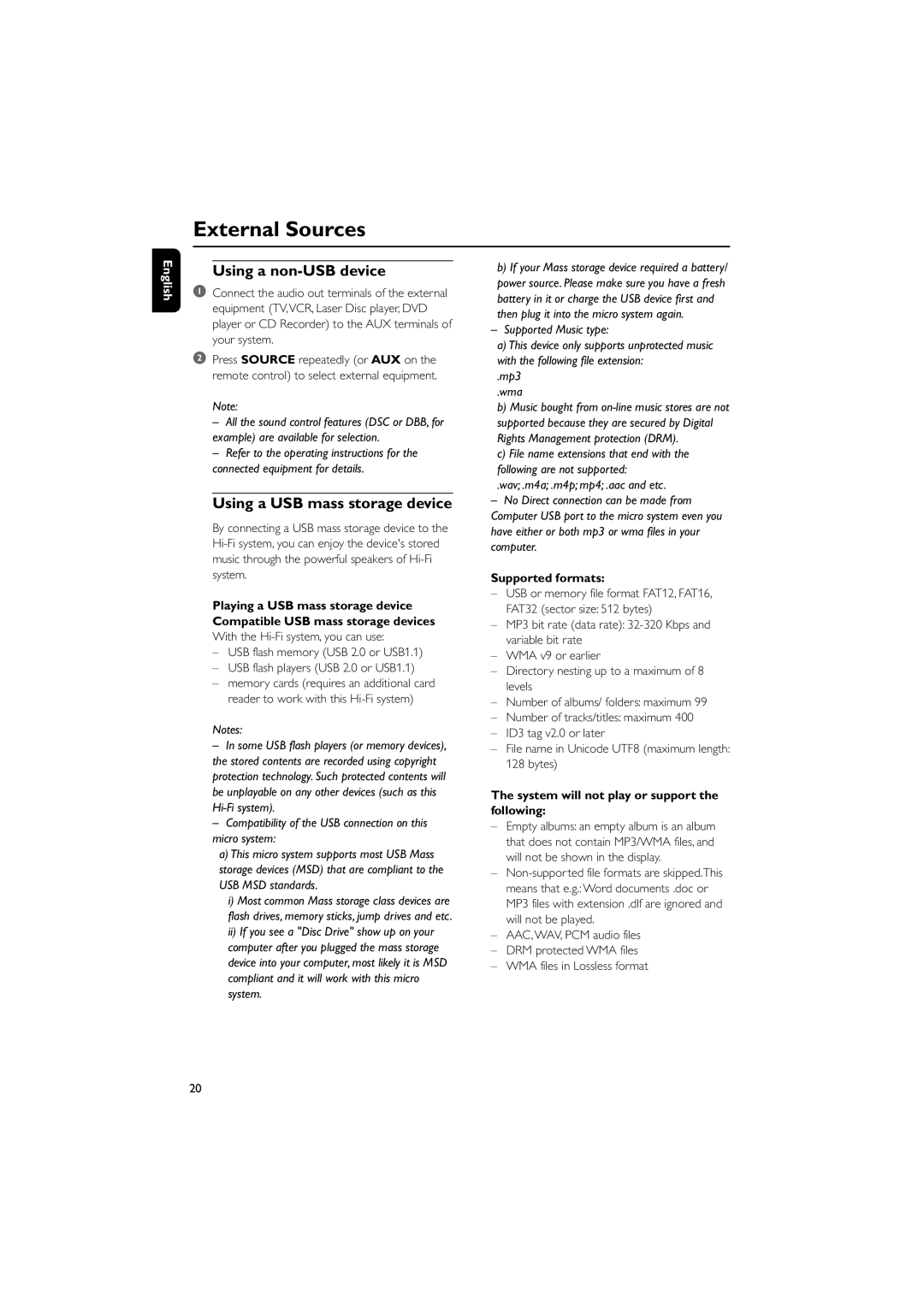 Philips MCM700 user manual External Sources, Using a non-USB device, Using a USB mass storage device, Supported formats 