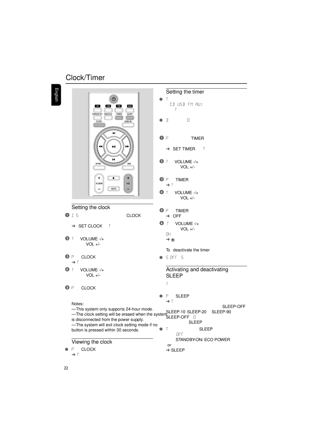 Philips MCM700 Clock/Timer, Setting the clock, Viewing the clock, Setting the timer, Activating and deactivating 