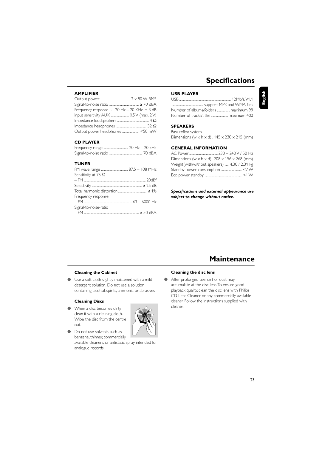 Philips MCM700 user manual Specifications, Cleaning the Cabinet Cleaning the disc lens, Cleaning Discs 