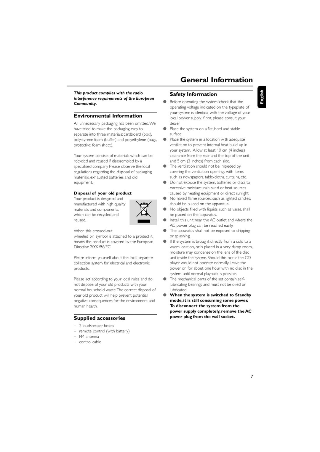 Philips MCM700 user manual General Information, Environmental Information, Supplied accessories, Safety Information 