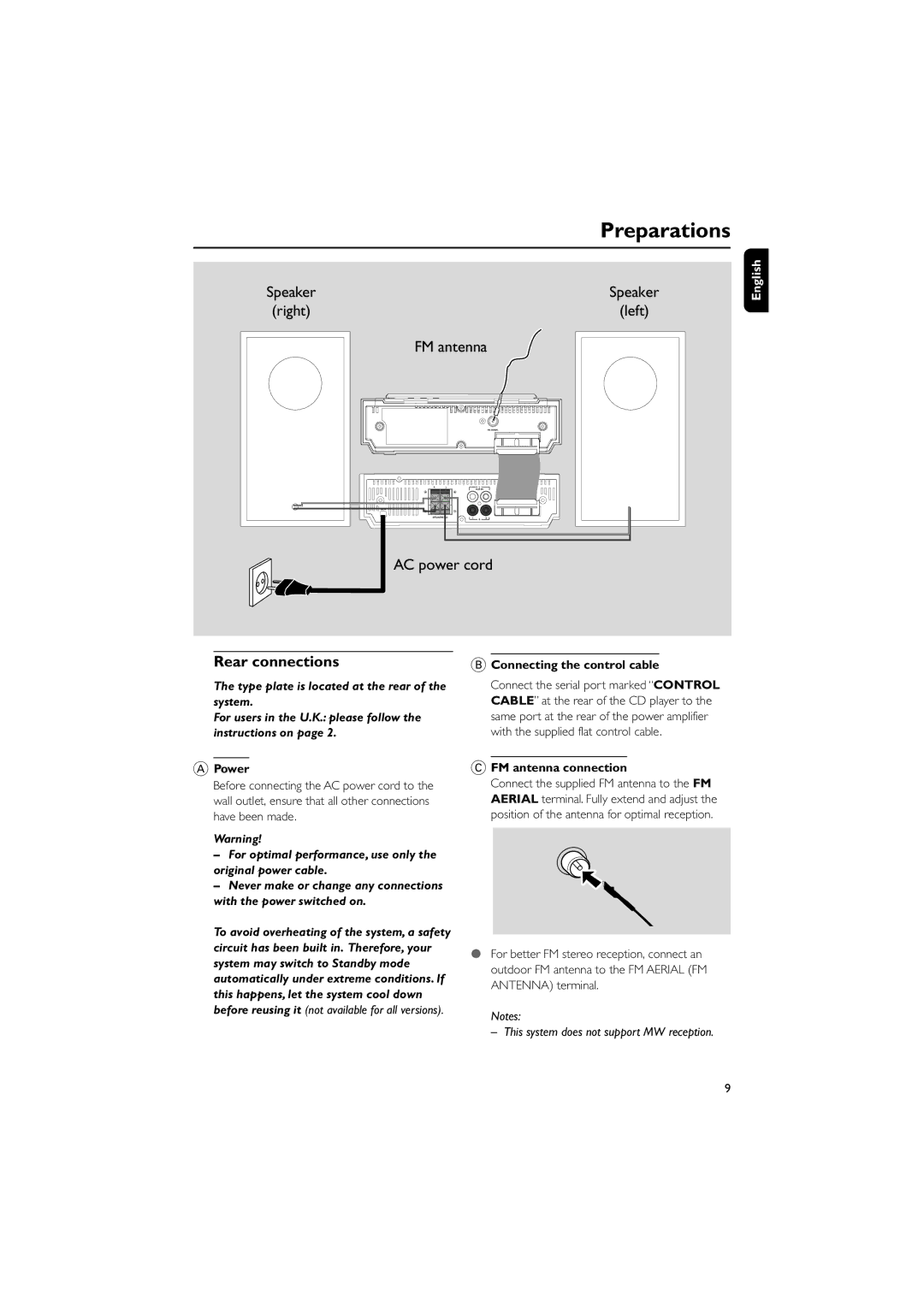 Philips MCM700 user manual Preparations, Rear connections, Power, Connecting the control cable, FM antenna connection 