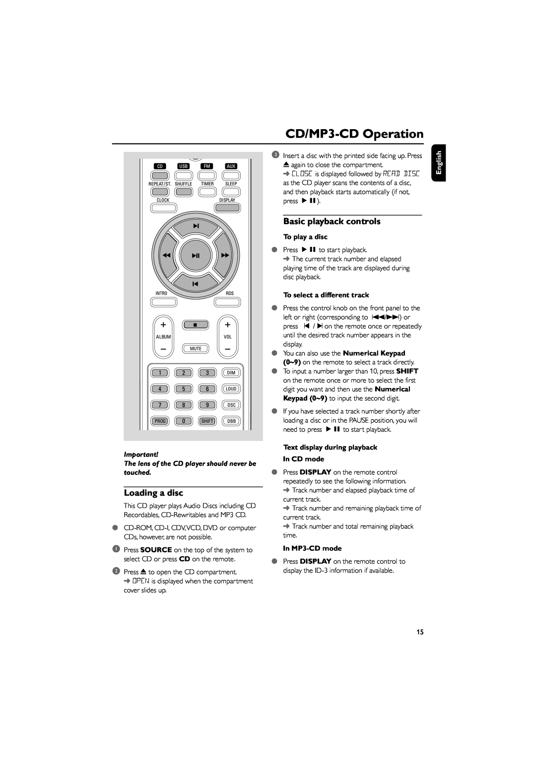 Philips MCM700 CD/MP3-CDOperation, Loading a disc, Basic playback controls, To play a disc, To select a different track 