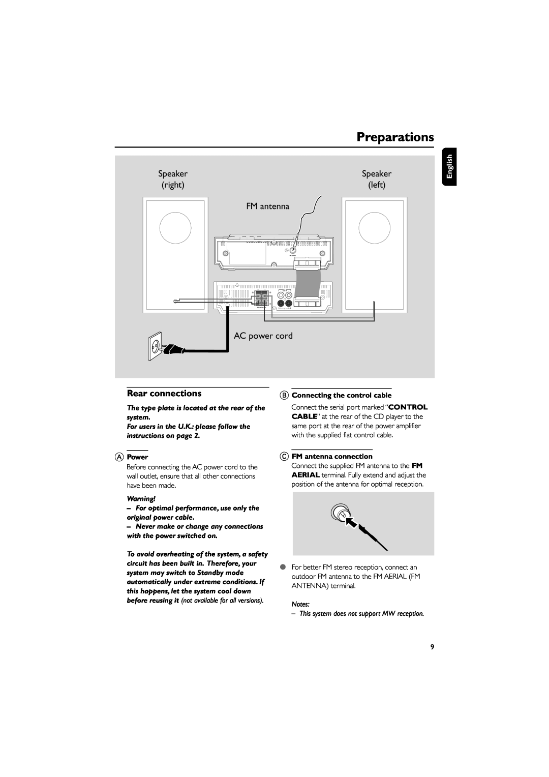 Philips MCM700 user manual Preparations, right, left, FM antenna, AC power cord, Rear connections, English, APower 