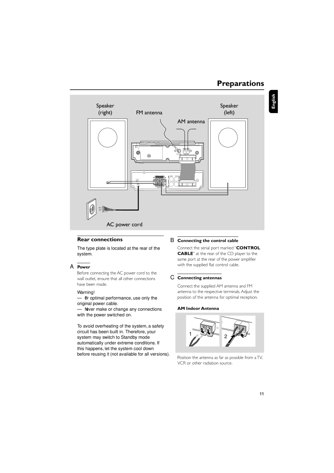 Philips MCM704D owner manual Rear connections, Power, Connecting the control cable, Connecting antennas, AM Indoor Antenna 