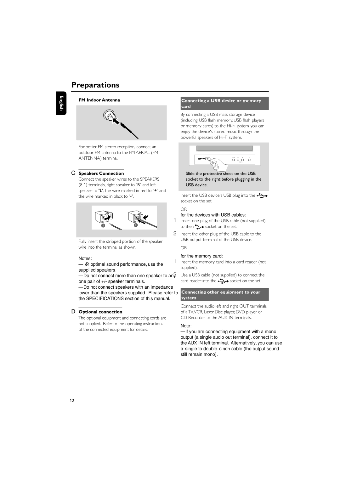 Philips MCM704D owner manual Preparations, FM Indoor Antenna, Speakers Connection, Optional connection 