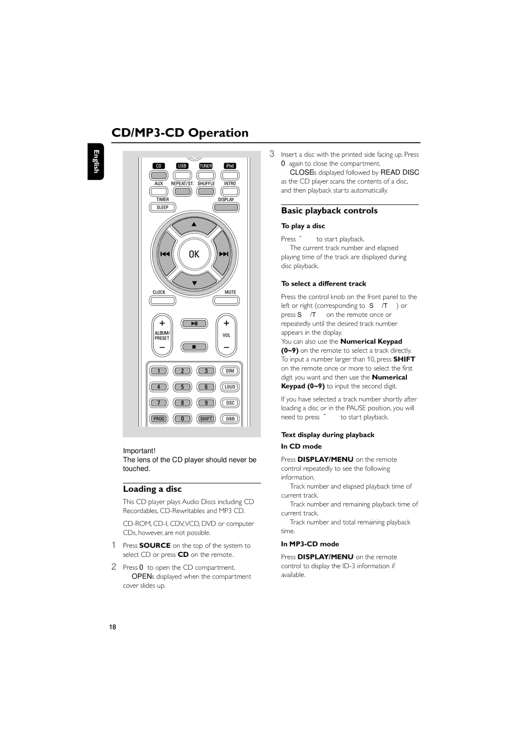 Philips MCM704D owner manual CD/MP3-CD Operation, Loading a disc, Basic playback controls 