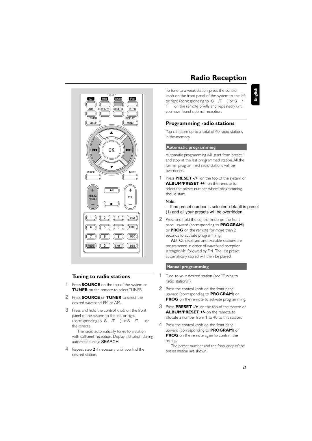 Philips MCM704D Radio Reception, Tuning to radio stations, Programming radio stations, All your presets will be overridden 