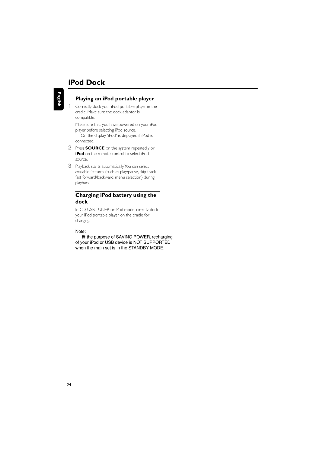 Philips MCM704D owner manual Playing an iPod portable player, Charging iPod battery using the dock 