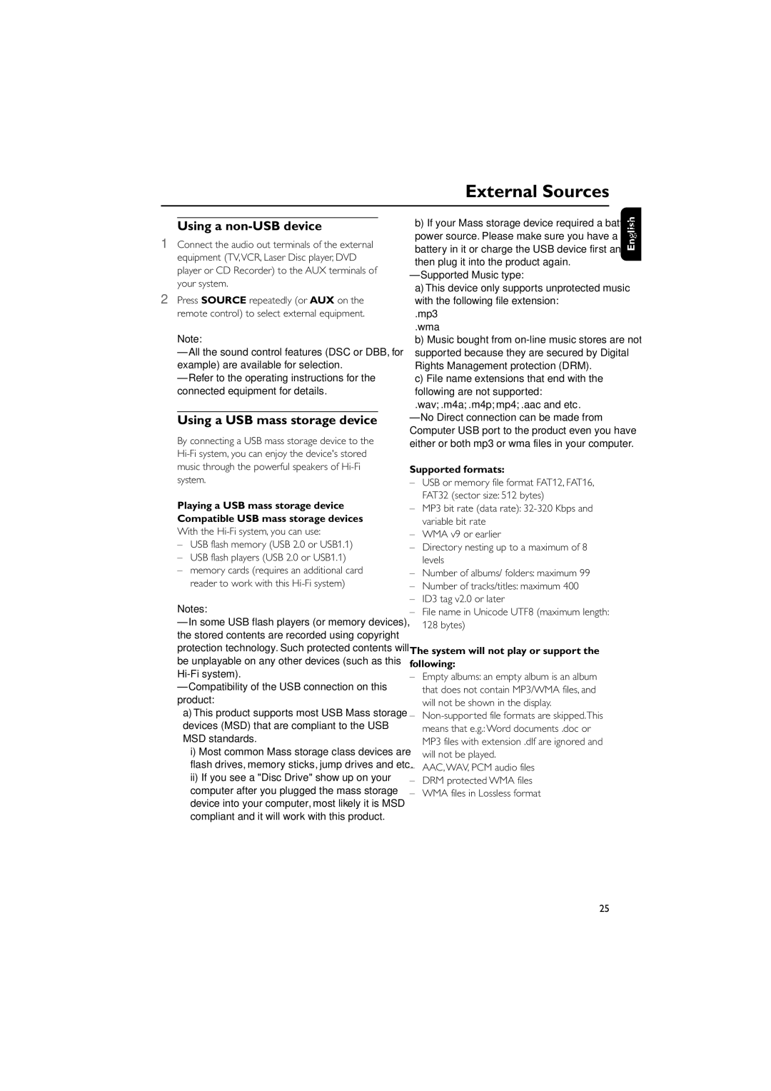 Philips MCM704D owner manual External Sources, Using a non-USB device, Using a USB mass storage device, Supported formats 