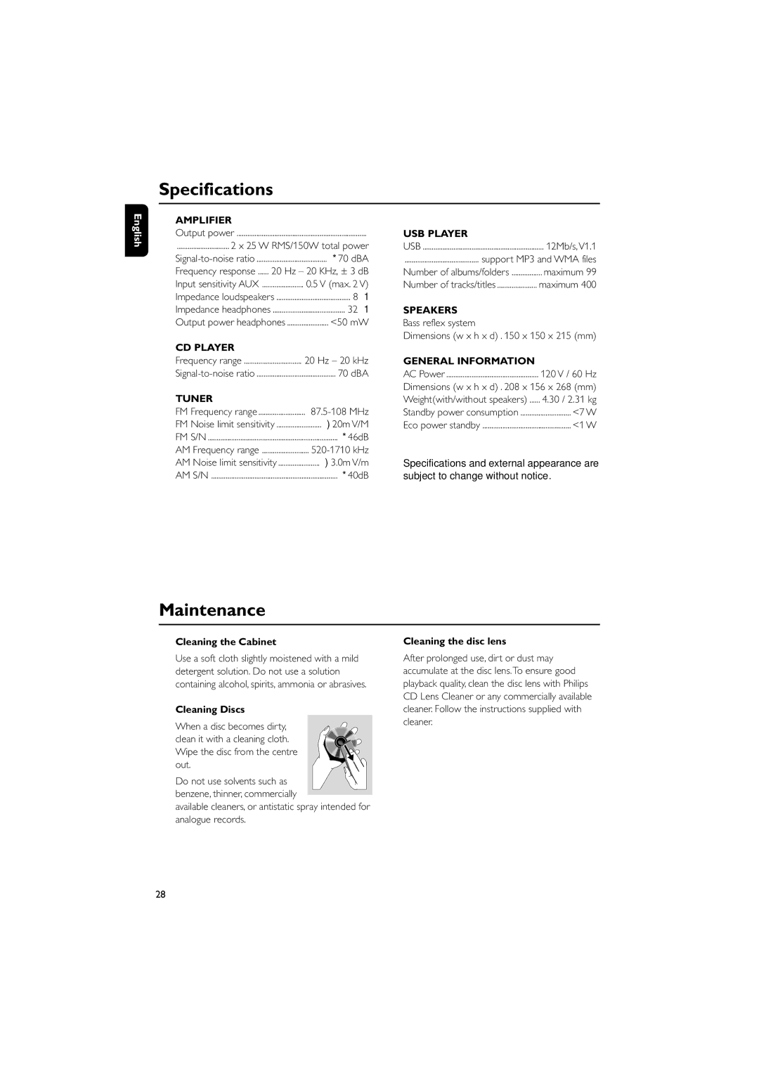 Philips MCM704D owner manual Specifications, Maintenance, Cleaning the Cabinet Cleaning the disc lens, Cleaning Discs 