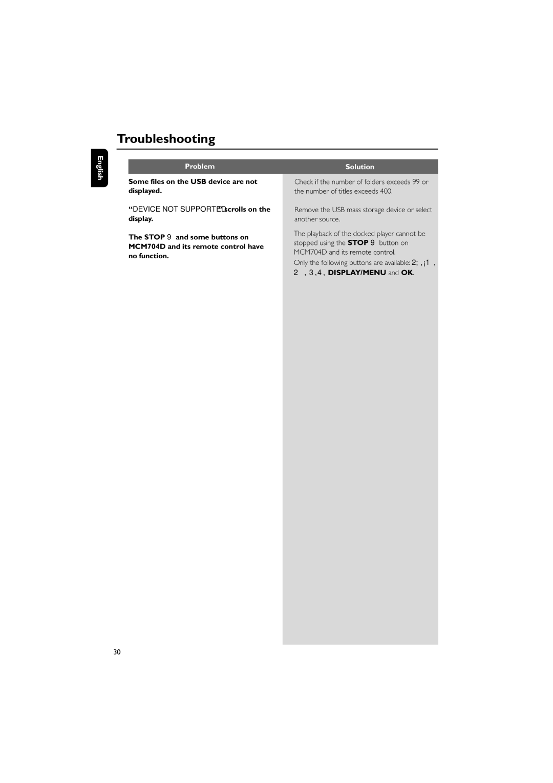 Philips MCM704D owner manual Some files on the USB device are not displayed, Device not Supported scrolls on the display 