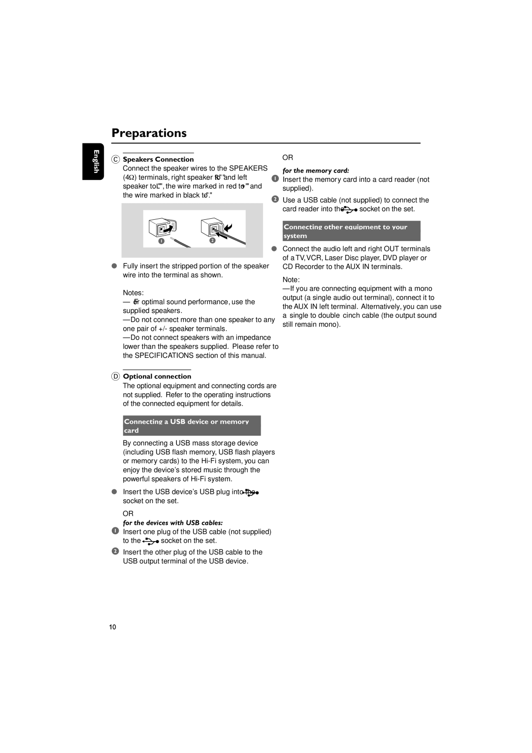 Philips MCM710 user manual Preparations, Speakers Connection, For optimal sound performance, use the supplied speakers 