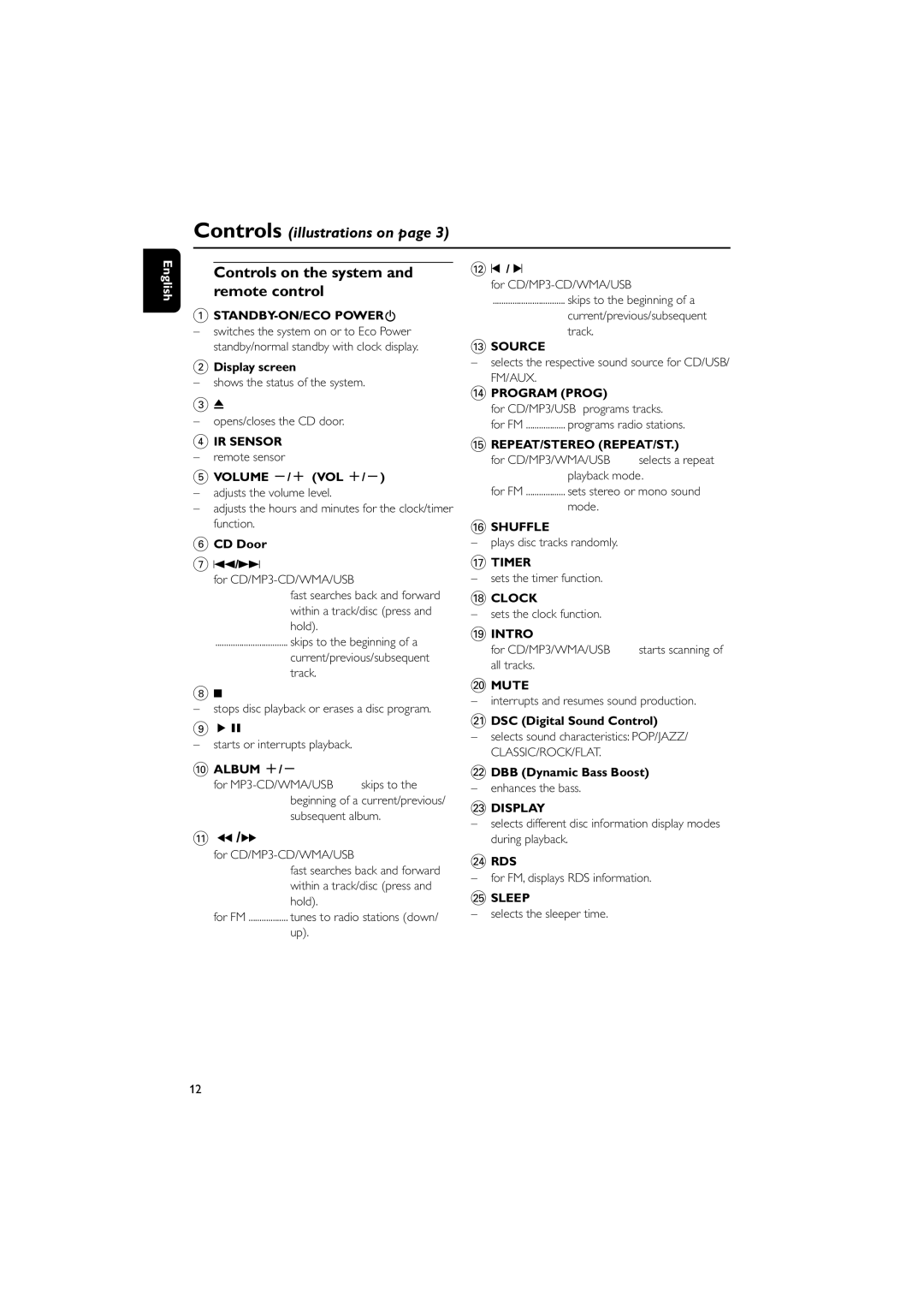 Philips MCM710 user manual Controls on the system and remote control 